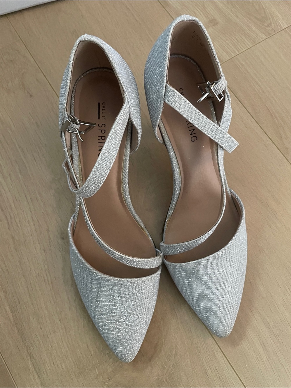Call It Spring Silver Glitter Pointed-Toe Ankle-Strap Heels